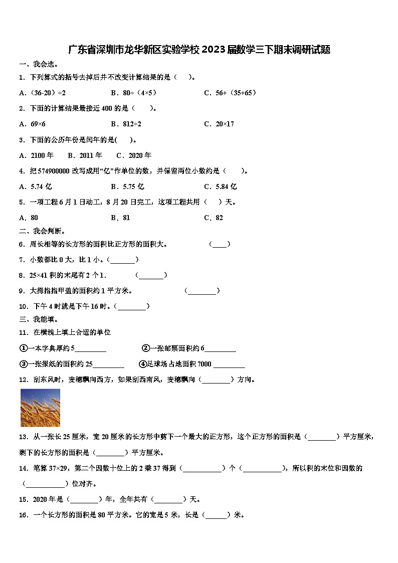 广东省深圳市龙华新区实验学校2023届数学三下期末调研试题含解析第1页