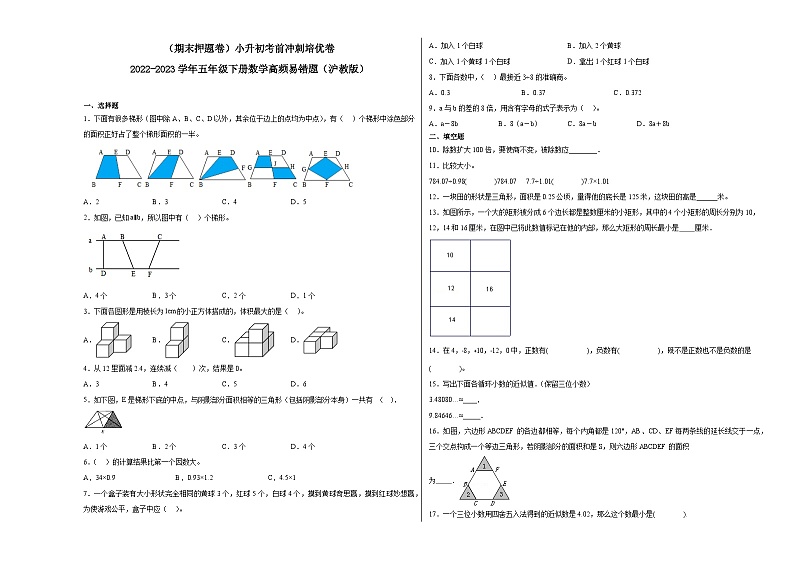 （期末押题卷）小升初考前冲刺培优卷-2022-2023学年五年级下册数学高频易错题（沪教版）第1页