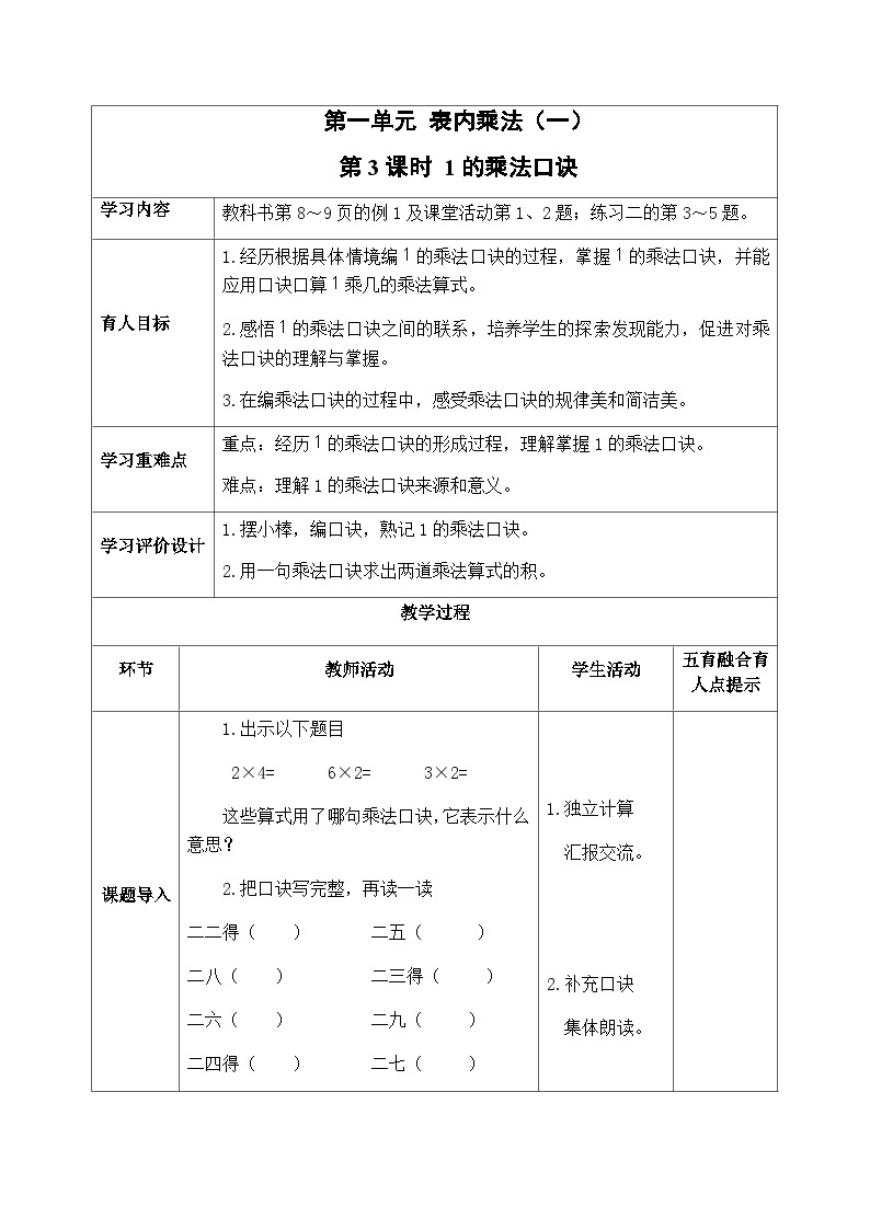 西南2数上 一 表内乘法（一）2. 1,2的乘法口诀 PPT课件+教案01