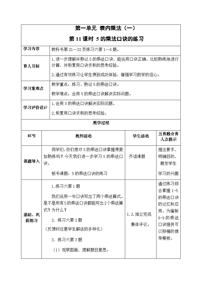 西南2数上 一 表内乘法（一）5. 5的乘法口诀 PPT课件+教案01