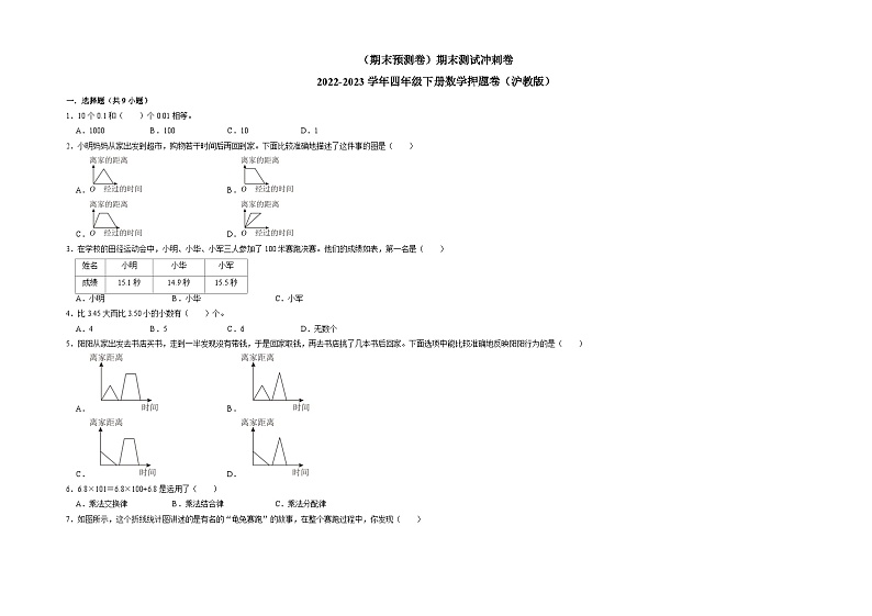 （期末预测卷）期末测试冲刺卷-2022-2023学年四年级下册数学押题卷（沪教版）第1页
