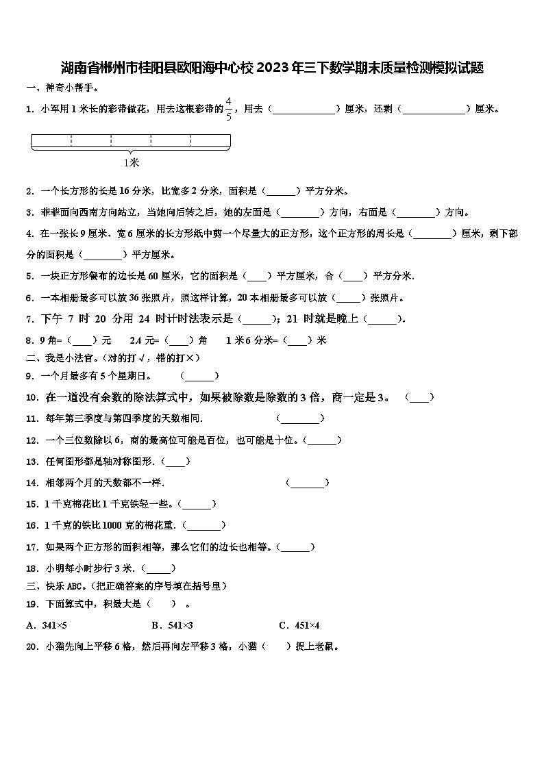 湖南省郴州市桂阳县欧阳海中心校2023年三下数学期末质量检测模拟试题含解析01