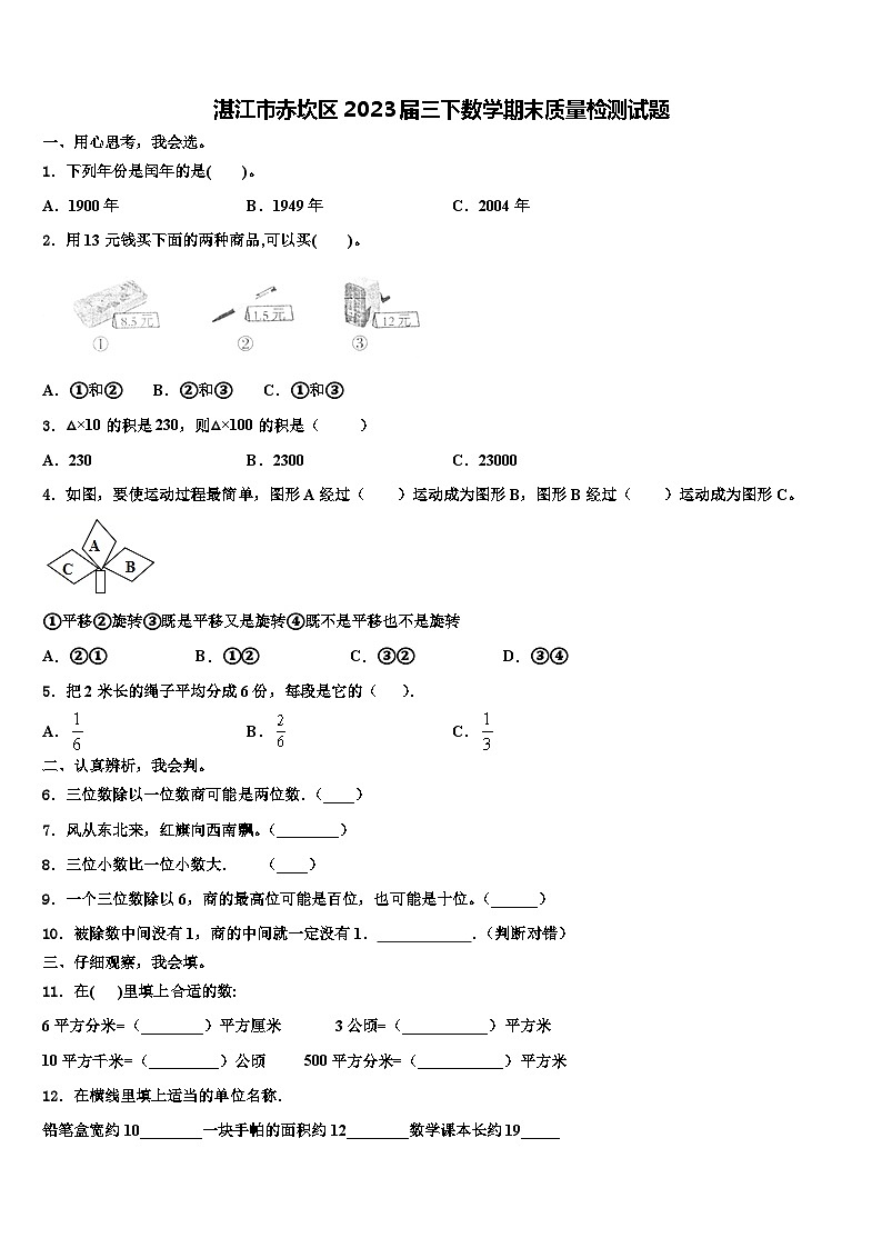湛江市赤坎区2023届三下数学期末质量检测试题含解析第1页