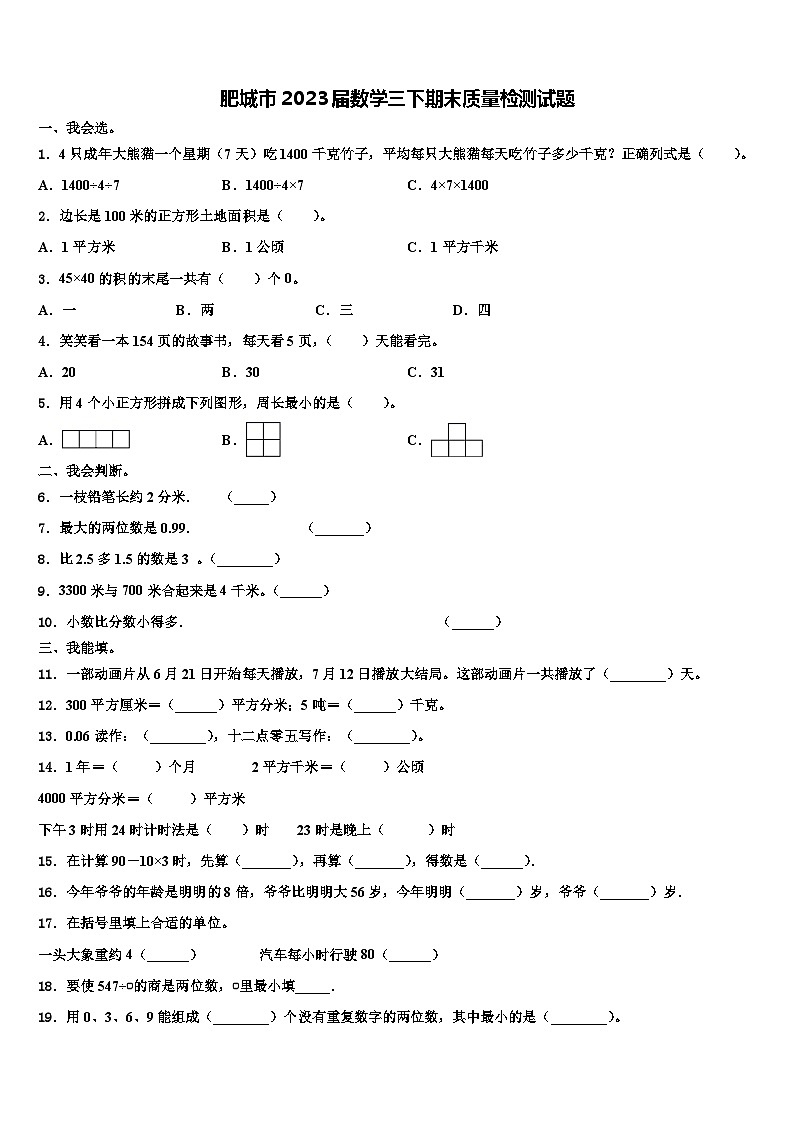 肥城市2023届数学三下期末质量检测试题含解析第1页