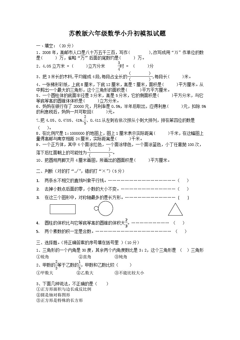 小升初模拟（试题）-六年级下册数学苏教版第1页