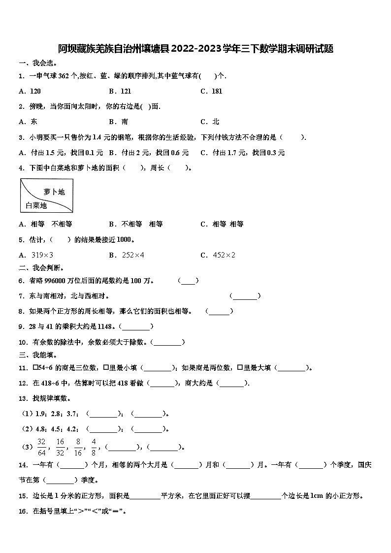 阿坝藏族羌族自治州壤塘县2022-2023学年三下数学期末调研试题含解析第1页