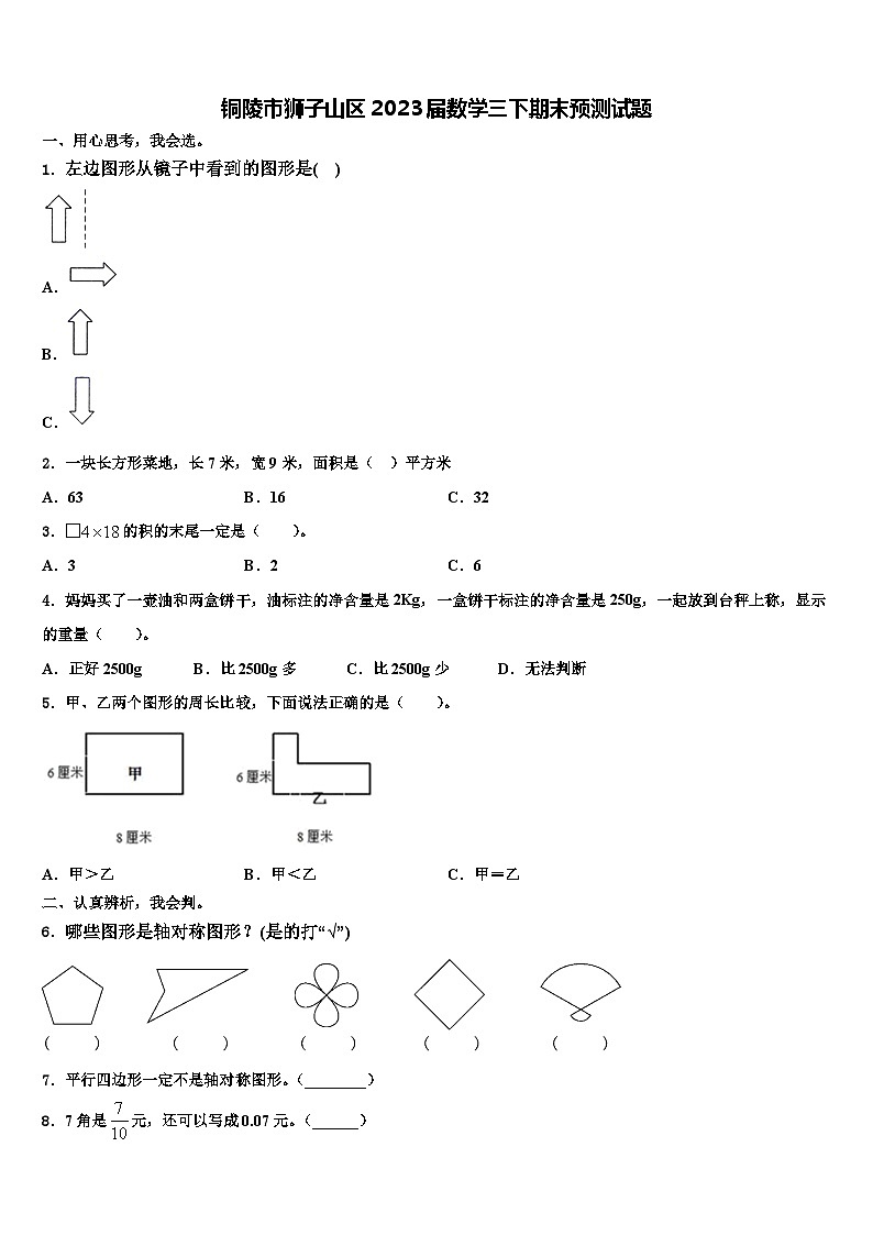 铜陵市狮子山区2023届数学三下期末预测试题含解析第1页