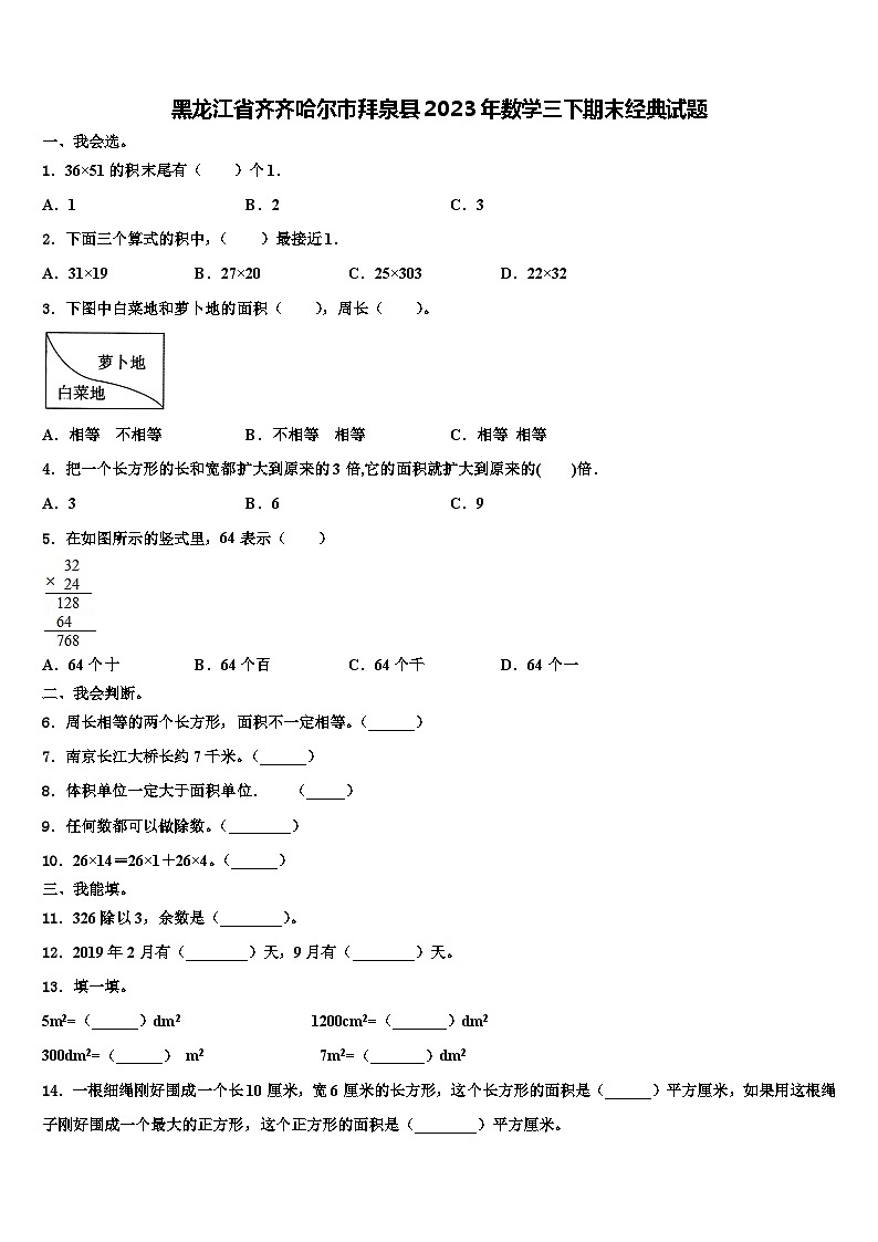 黑龙江省齐齐哈尔市拜泉县2023年数学三下期末经典试题含解析01