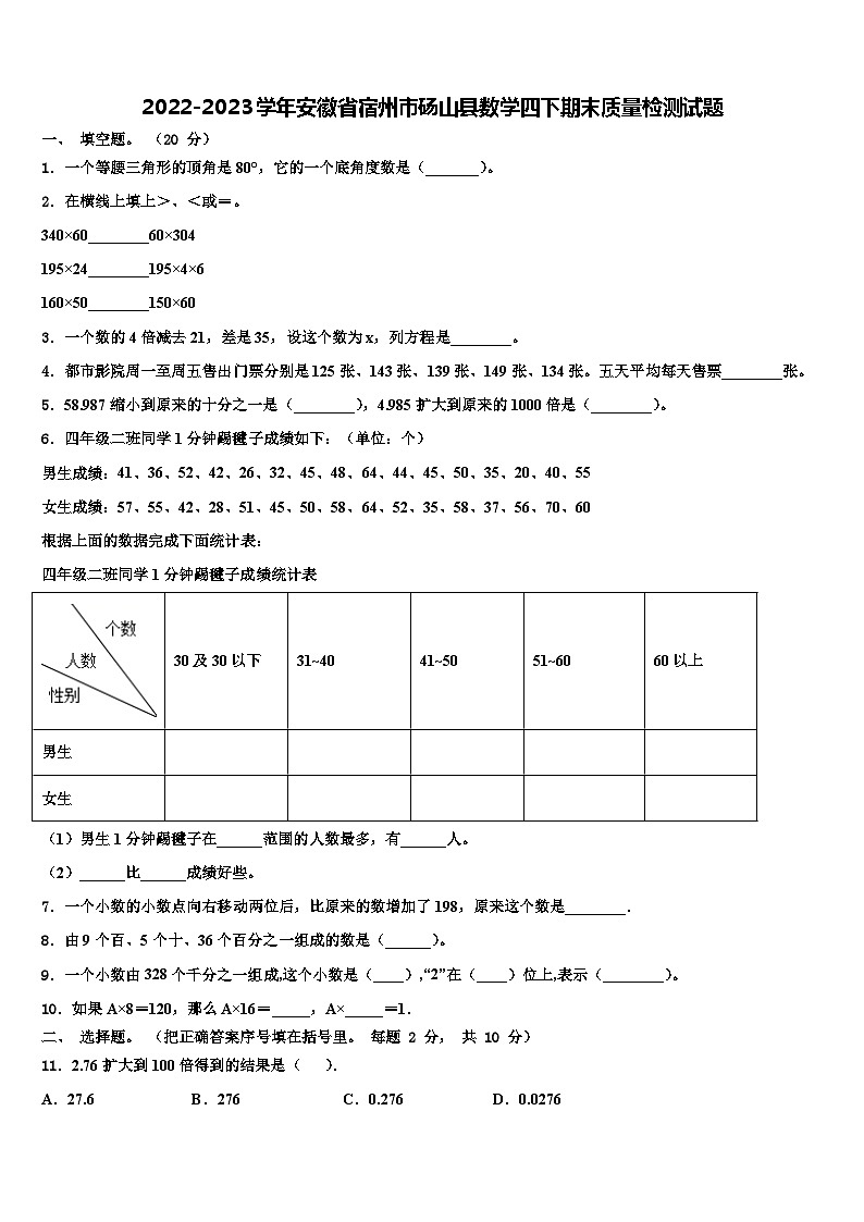 2022-2023学年安徽省宿州市砀山县数学四下期末质量检测试题含解析第1页