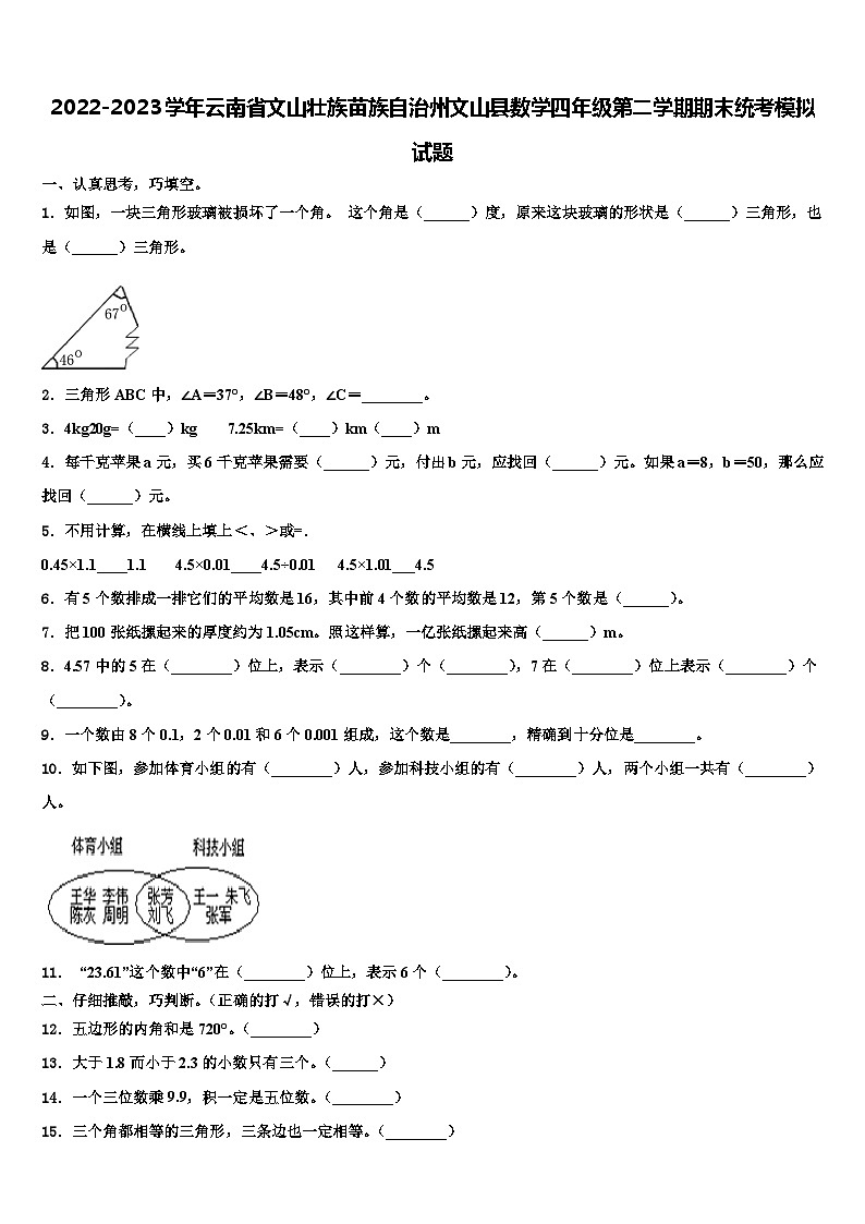 2022-2023学年云南省文山壮族苗族自治州文山县数学四年级第二学期期末统考模拟试题含解析第1页