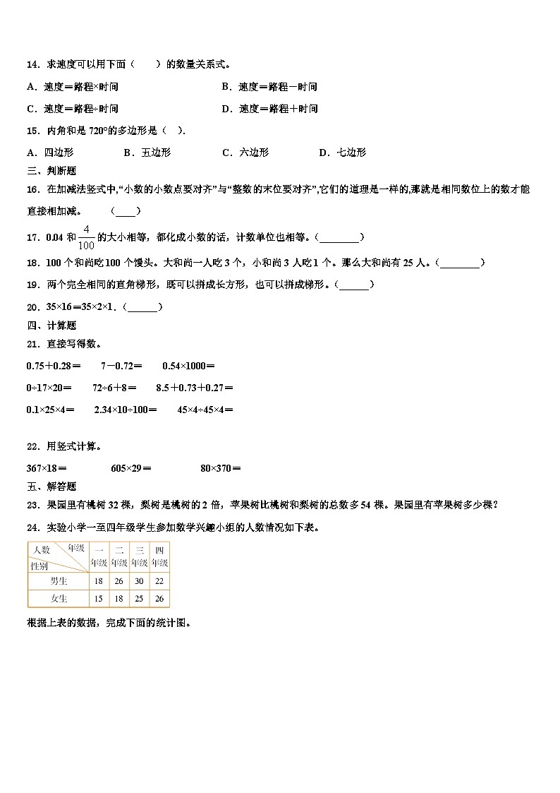 2022-2023学年广西防城港市思县数学四下期末学业质量监测模拟试题含解析02