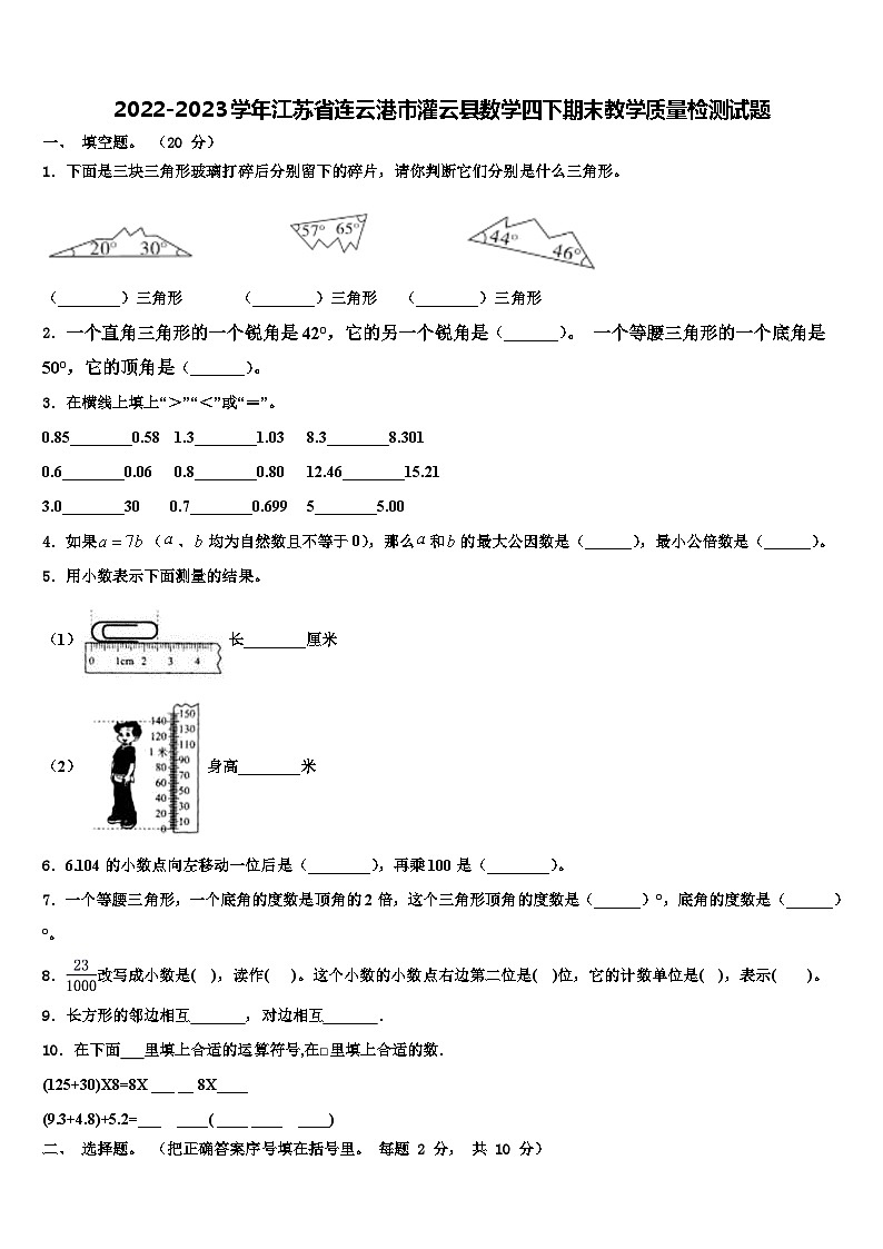 2022-2023学年江苏省连云港市灌云县数学四下期末教学质量检测试题含解析01