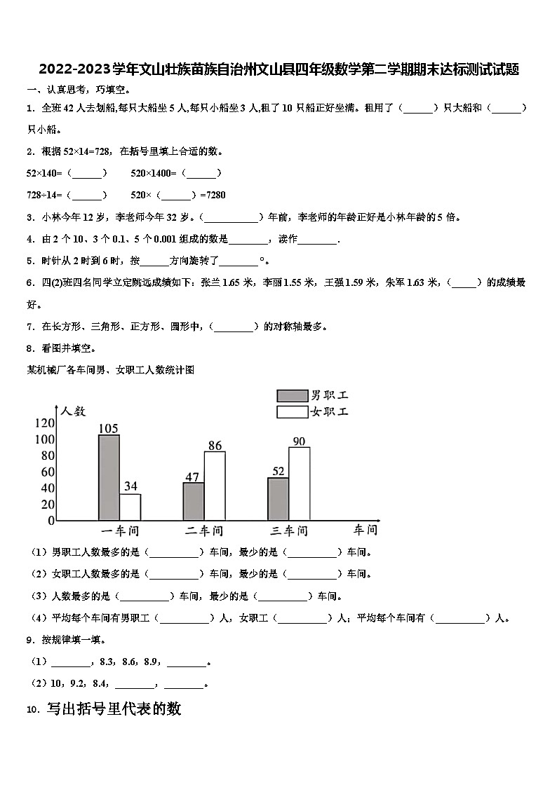 2022-2023学年文山壮族苗族自治州文山县四年级数学第二学期期末达标测试试题含解析第1页