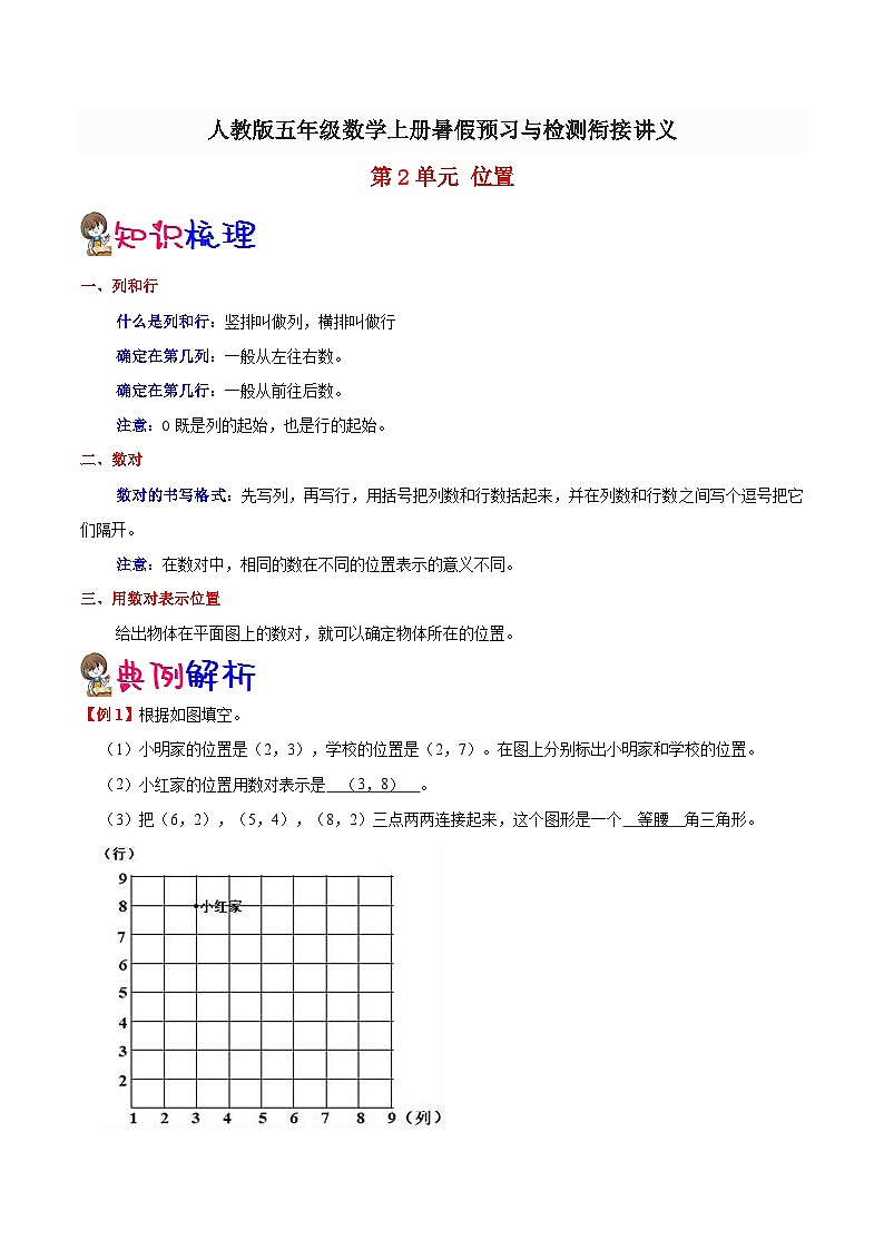 【暑假预习】小学五年级人教版数学上册暑假预习讲义（知识点+例题+练习）：第2单元 位置（含解析）01