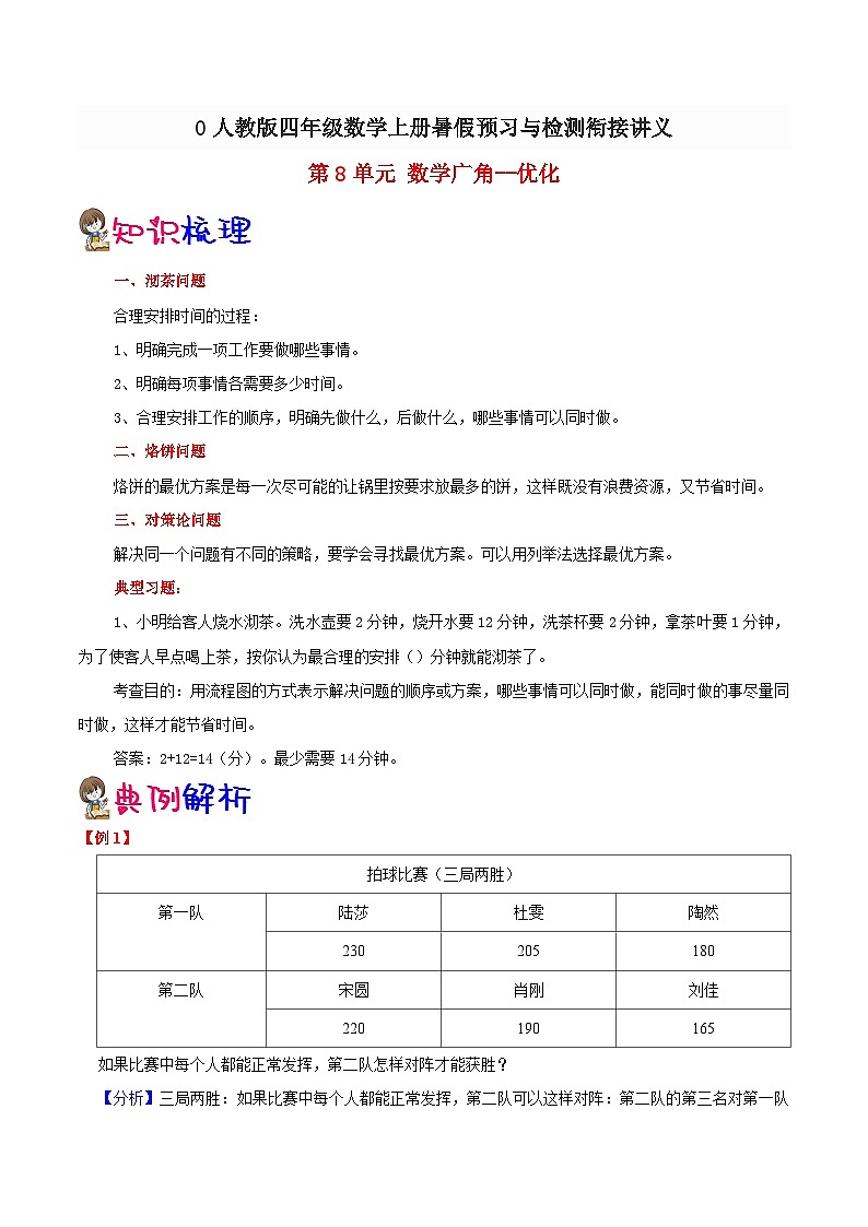 【暑假预习】小学四年级人教版数学上册暑假预习讲义（知识点+例题+练习）第8单元数学广角优化（含解析）01