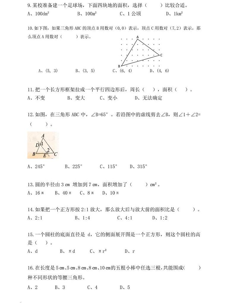 【小升初专题复习】部编版人教版小学数学总复习 选择题专项卷（带答案）02