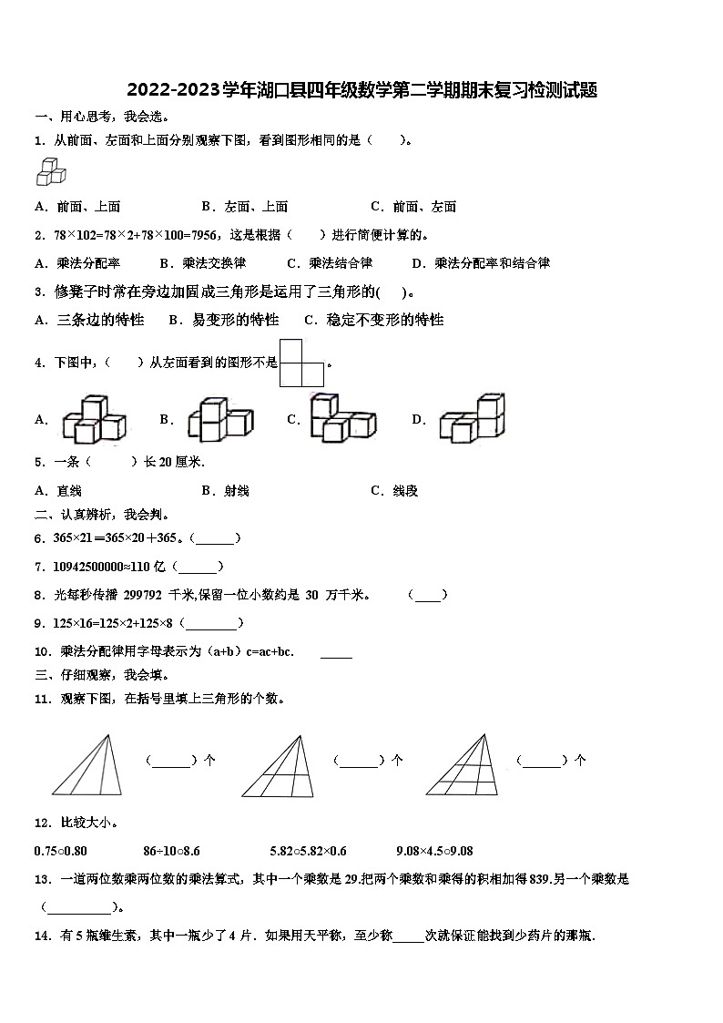 2022-2023学年湖口县四年级数学第二学期期末复习检测试题含解析01