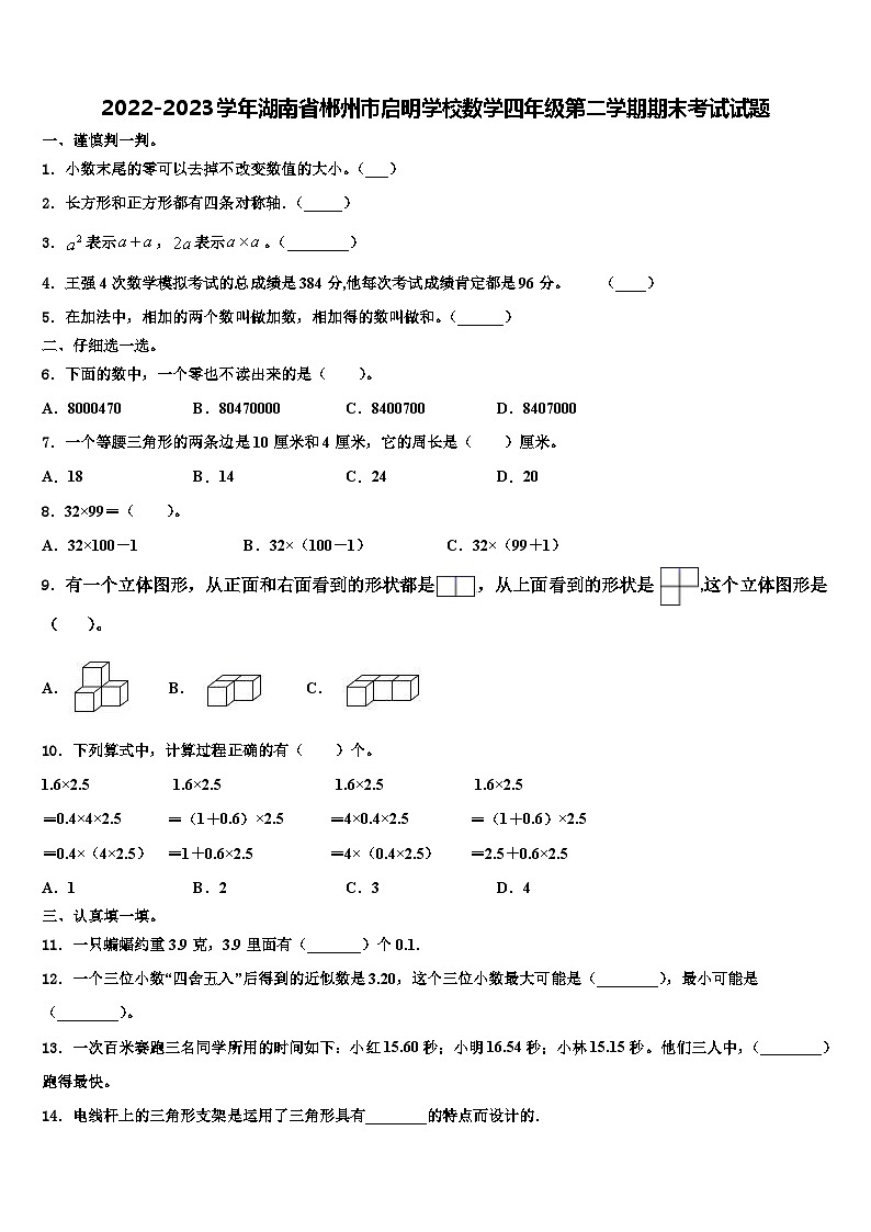 2022-2023学年湖南省郴州市启明学校数学四年级第二学期期末考试试题含解析第1页