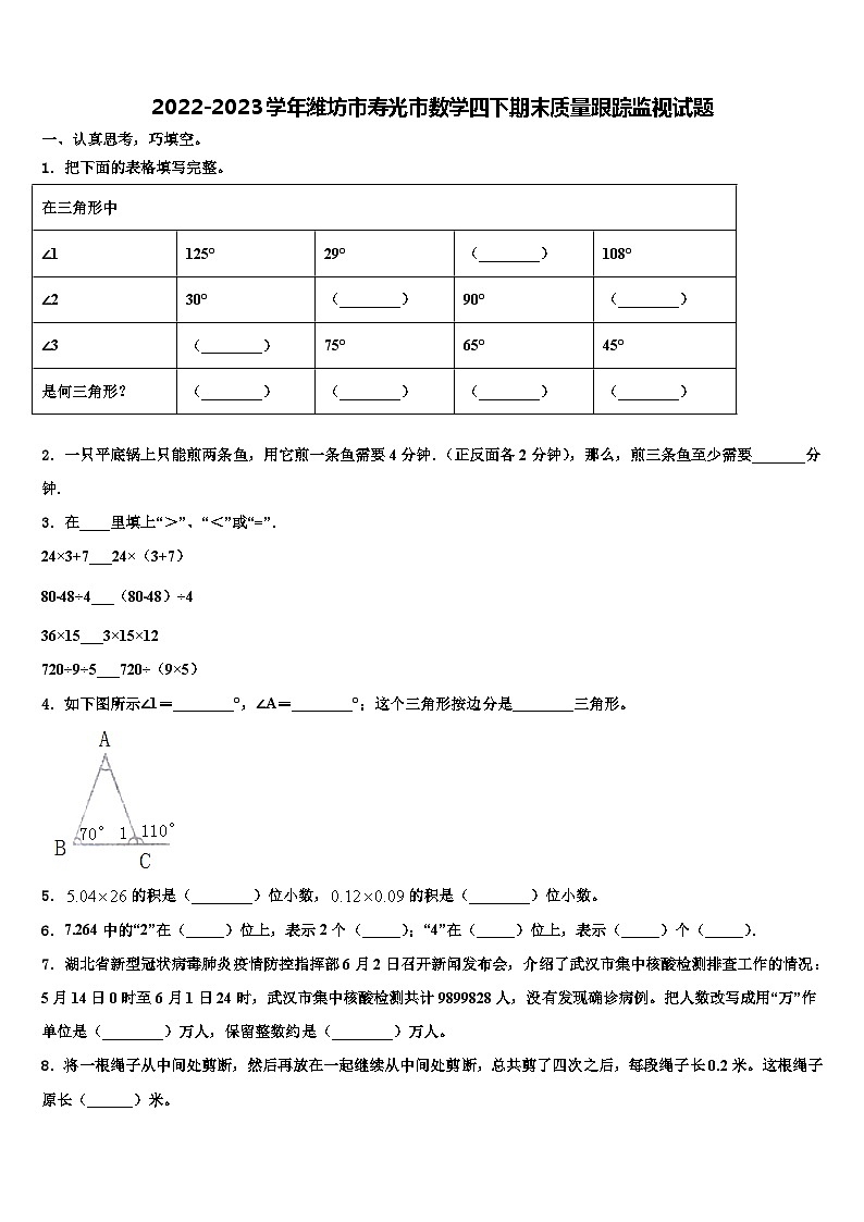 2022-2023学年潍坊市寿光市数学四下期末质量跟踪监视试题含解析01