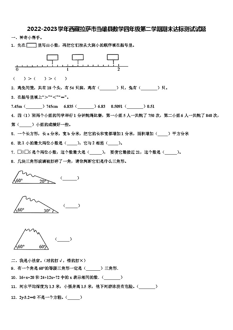 2022-2023学年西藏拉萨市当雄县数学四年级第二学期期末达标测试试题含解析01