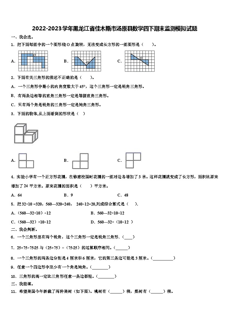 2022-2023学年黑龙江省佳木斯市汤原县数学四下期末监测模拟试题含解析第1页
