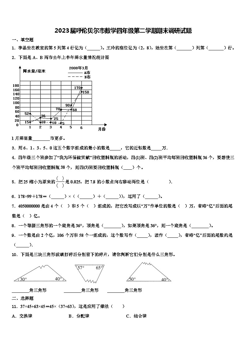 2023届呼伦贝尔市数学四年级第二学期期末调研试题含解析第1页