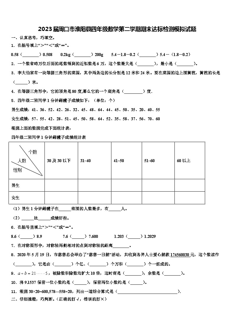 2023届周口市淮阳县四年级数学第二学期期末达标检测模拟试题含解析第1页