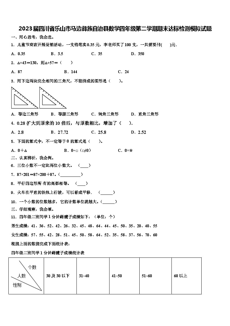 2023届四川省乐山市马边彝族自治县数学四年级第二学期期末达标检测模拟试题含解析第1页