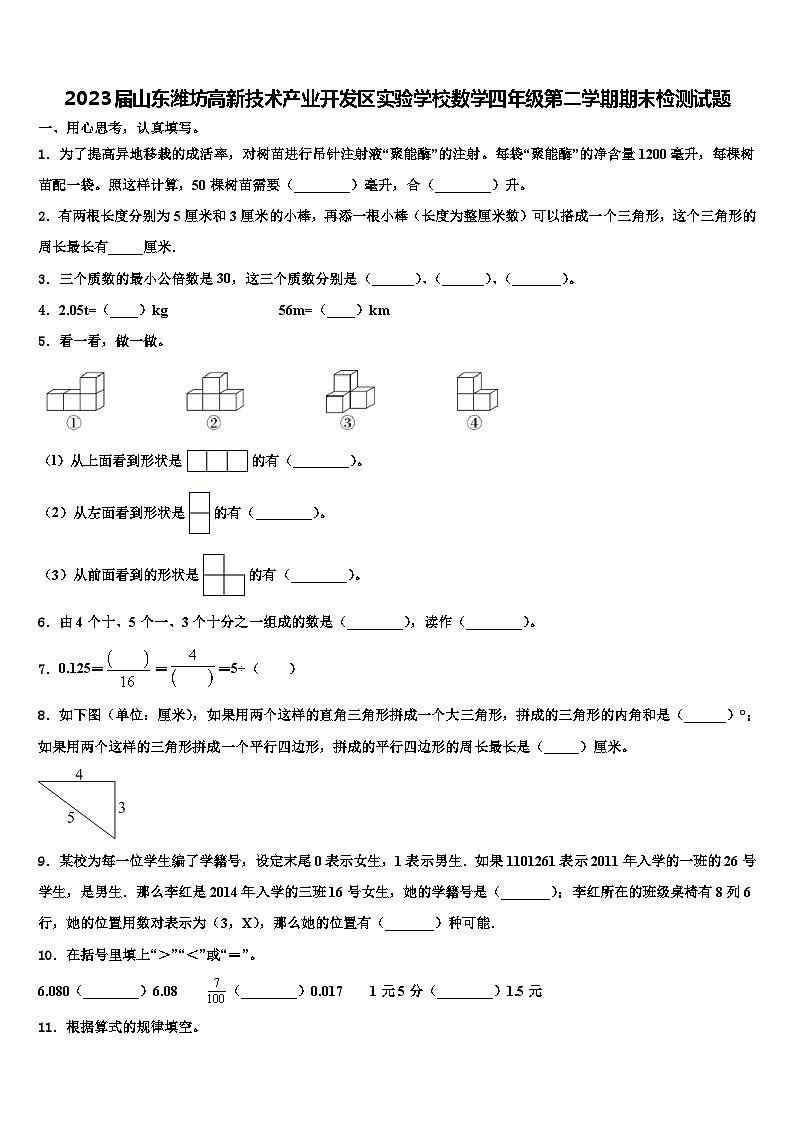 2023届山东潍坊高新技术产业开发区实验学校数学四年级第二学期期末检测试题含解析第1页