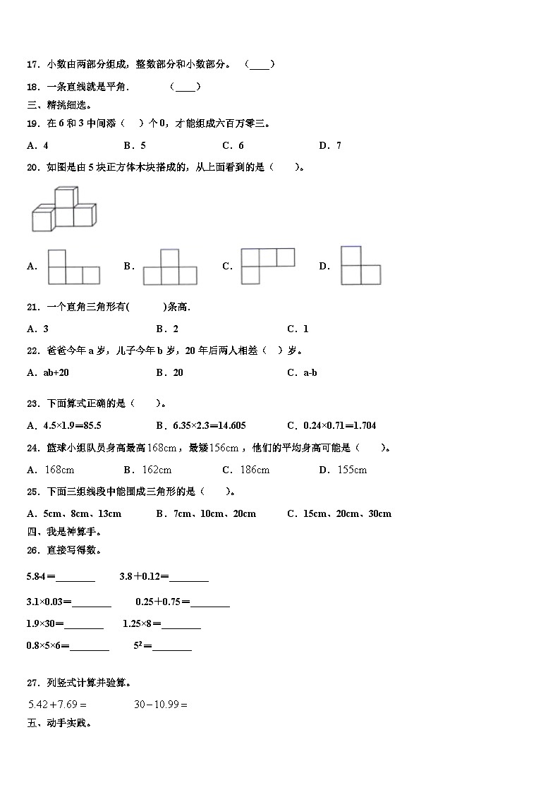 2023届广东省惠州市惠东燕岭学校数学四年级第二学期期末统考模拟试题含解析第2页