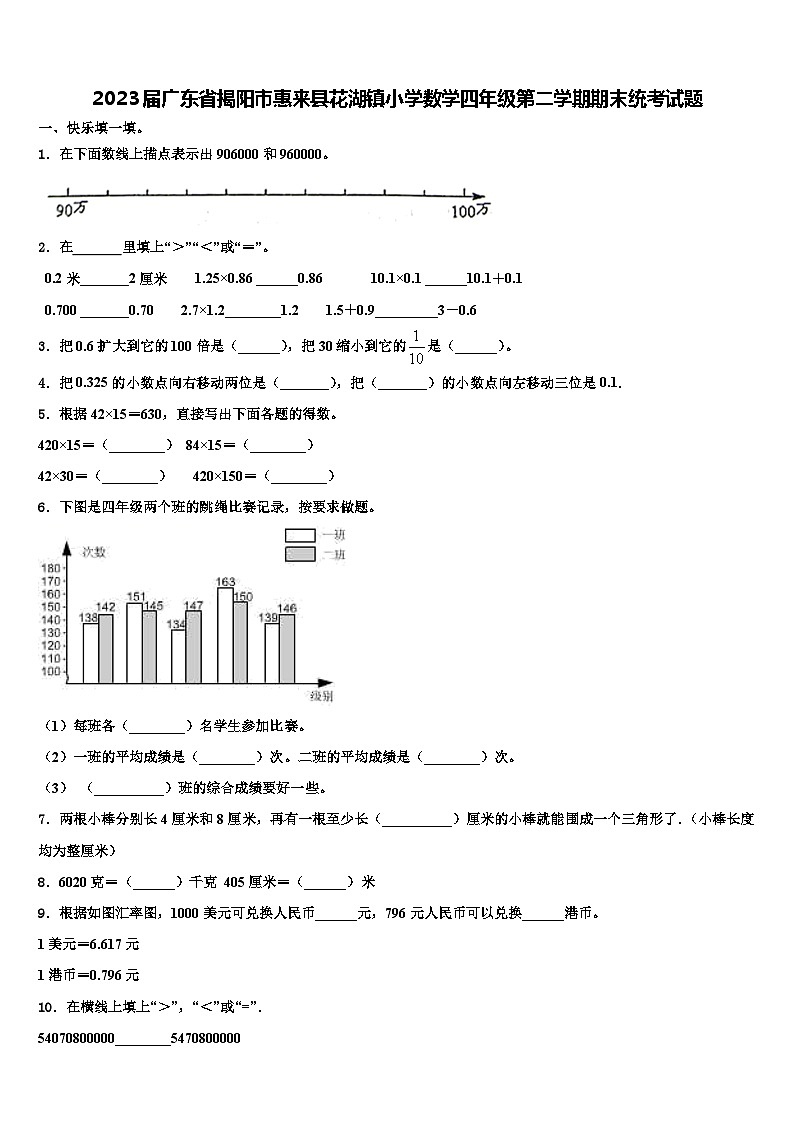 2023届广东省揭阳市惠来县花湖镇小学数学四年级第二学期期末统考试题含解析第1页