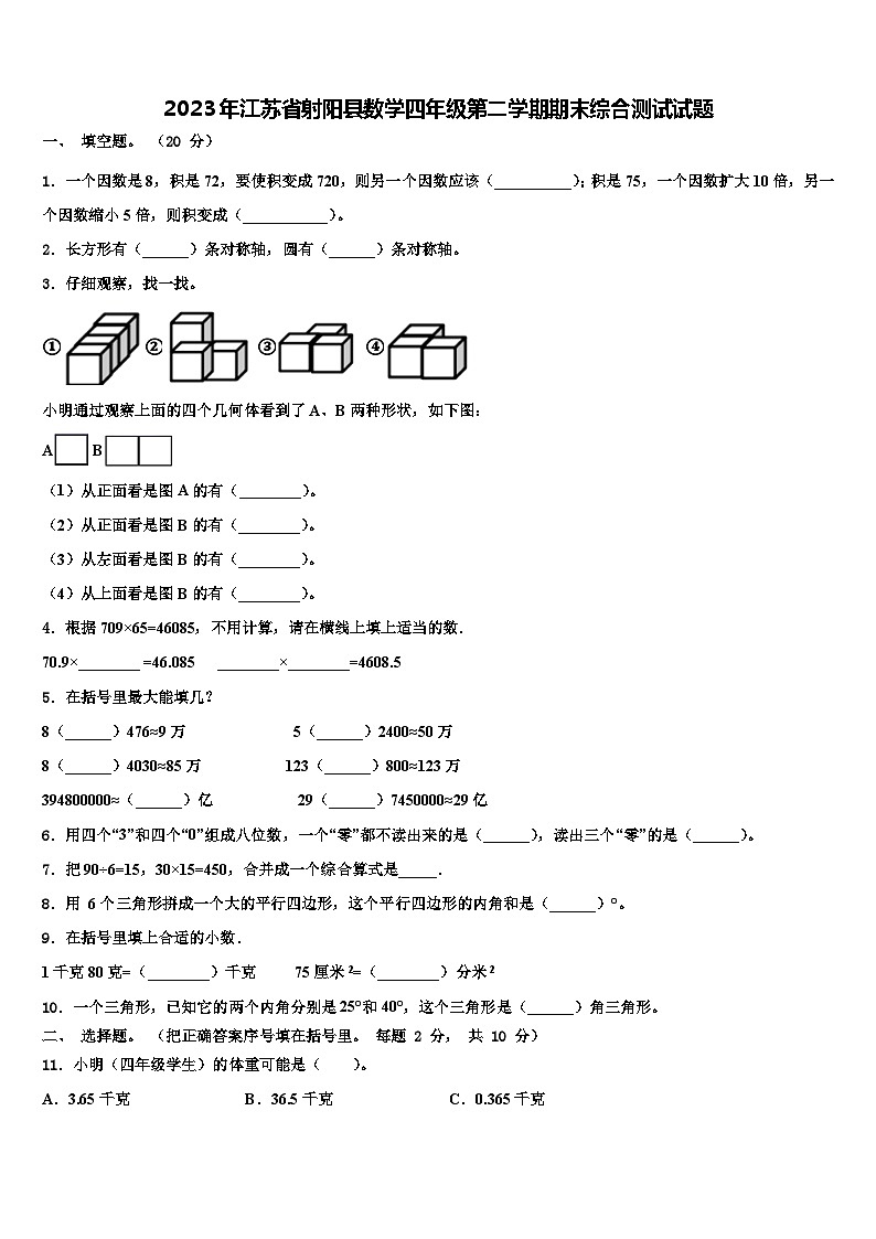 2023年江苏省射阳县数学四年级第二学期期末综合测试试题含解析01