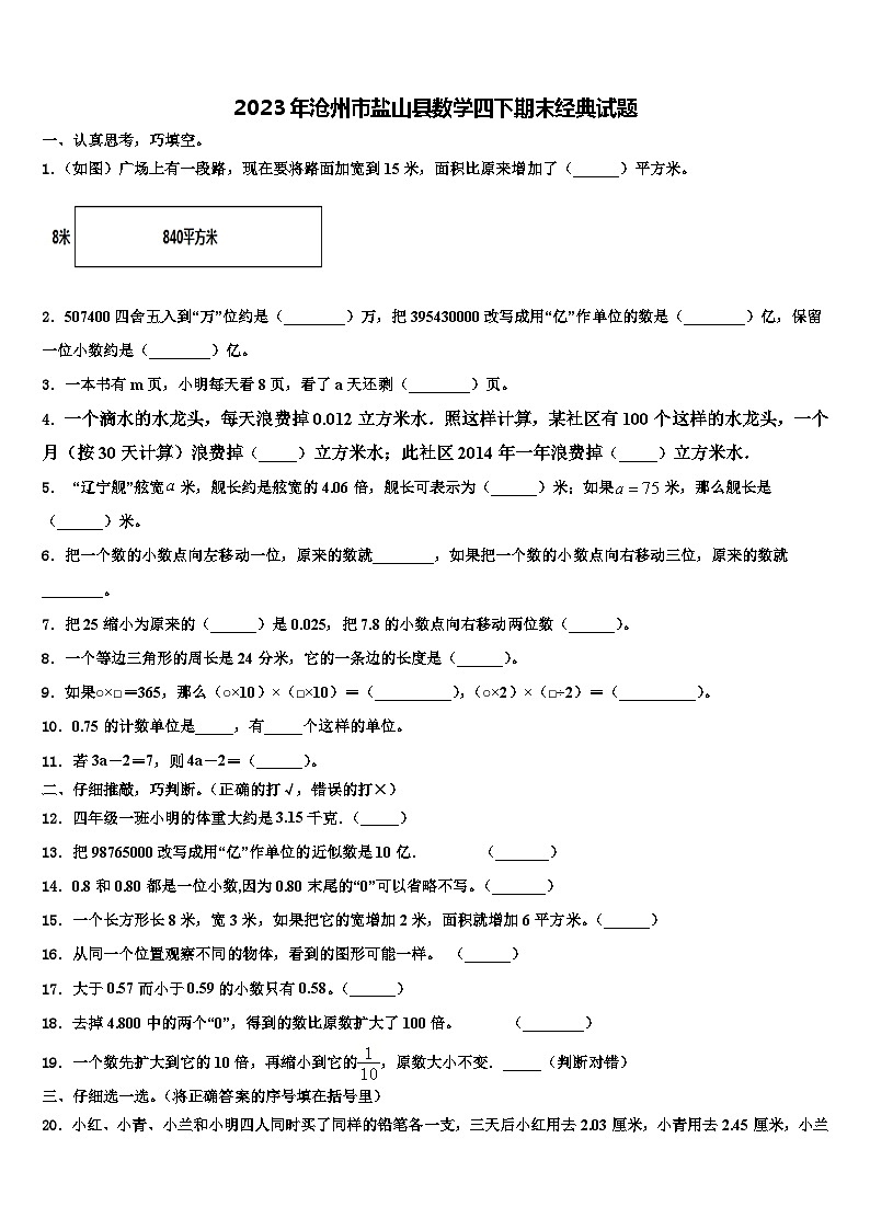 2023年沧州市盐山县数学四下期末经典试题含解析第1页