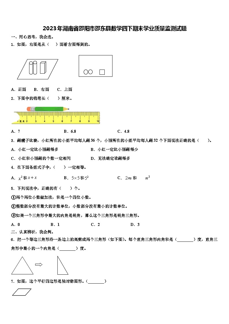 2023年湖南省邵阳市邵东县数学四下期末学业质量监测试题含解析01