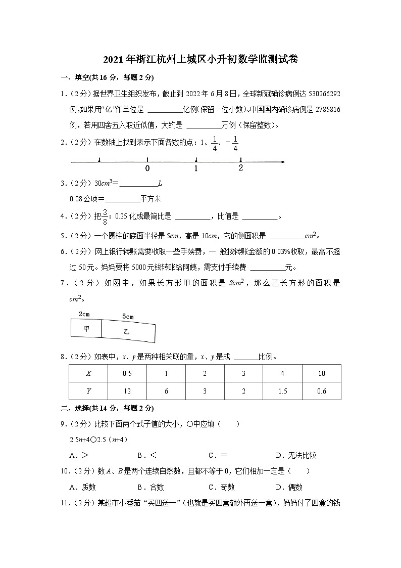 浙江省杭州市上城区2020-2021学年六年级下学期期末监测数学试卷01