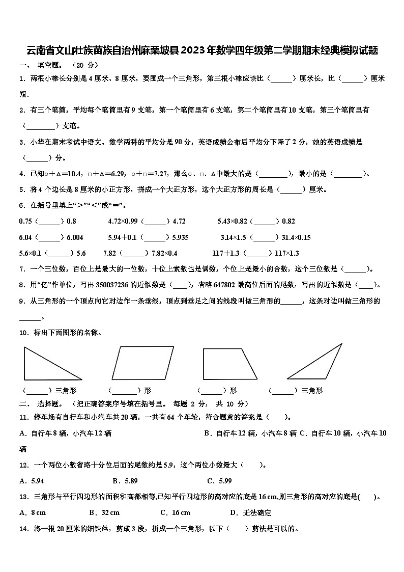 云南省文山壮族苗族自治州麻栗坡县2023年数学四年级第二学期期末经典模拟试题含解析第1页