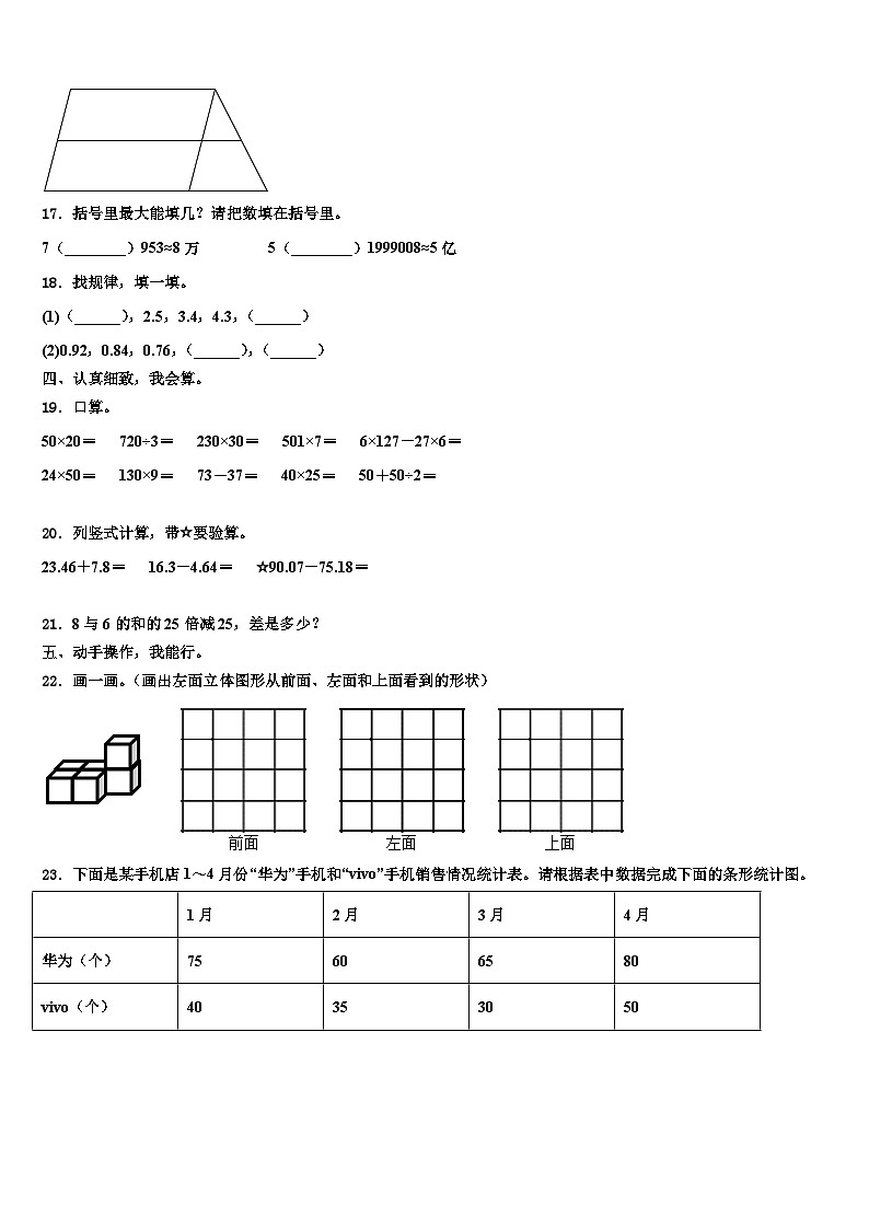 六安市金寨县2023年四年级数学第二学期期末监测模拟试题含解析02