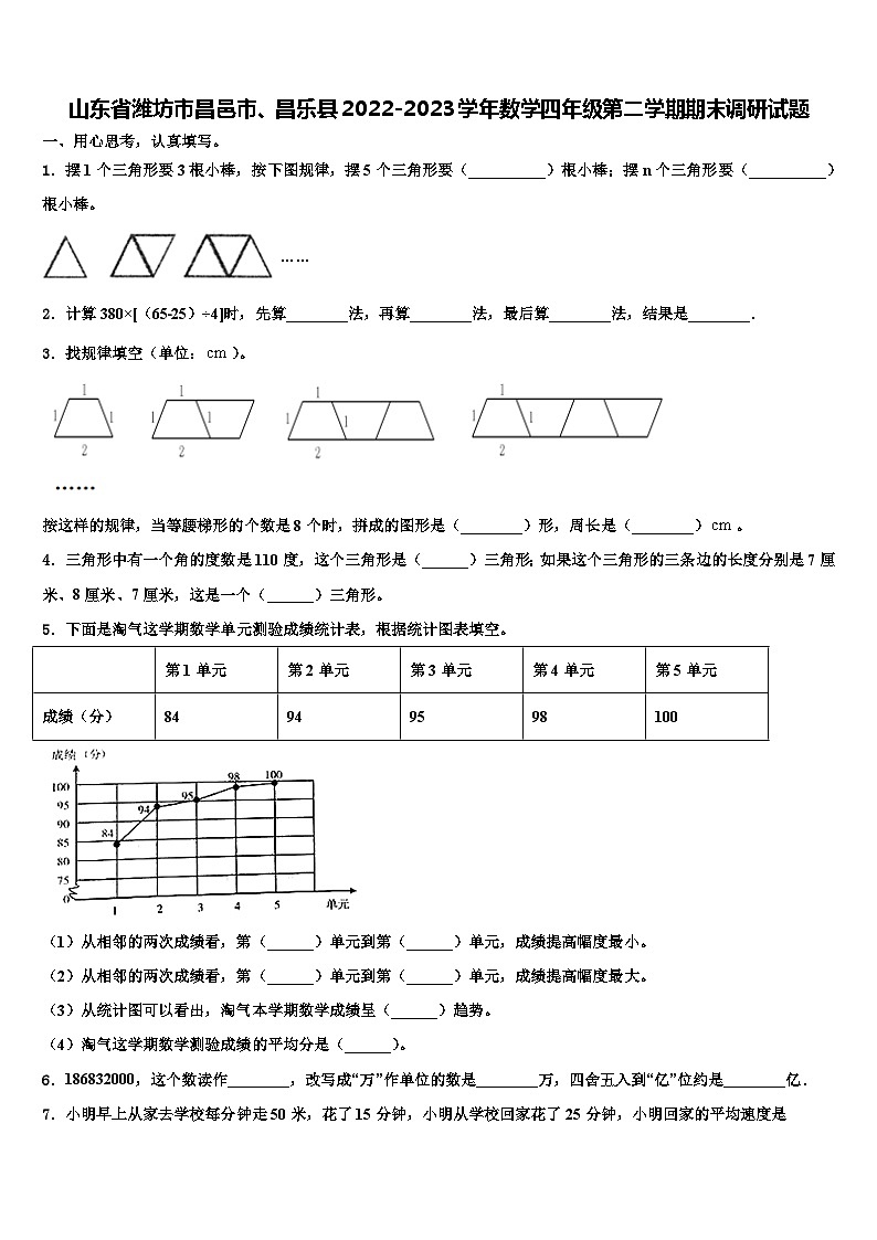 山东省潍坊市昌邑市、昌乐县2022-2023学年数学四年级第二学期期末调研试题含解析01