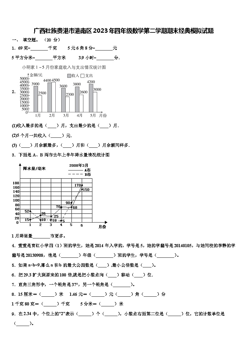 广西壮族贵港市港南区2023年四年级数学第二学期期末经典模拟试题含解析01
