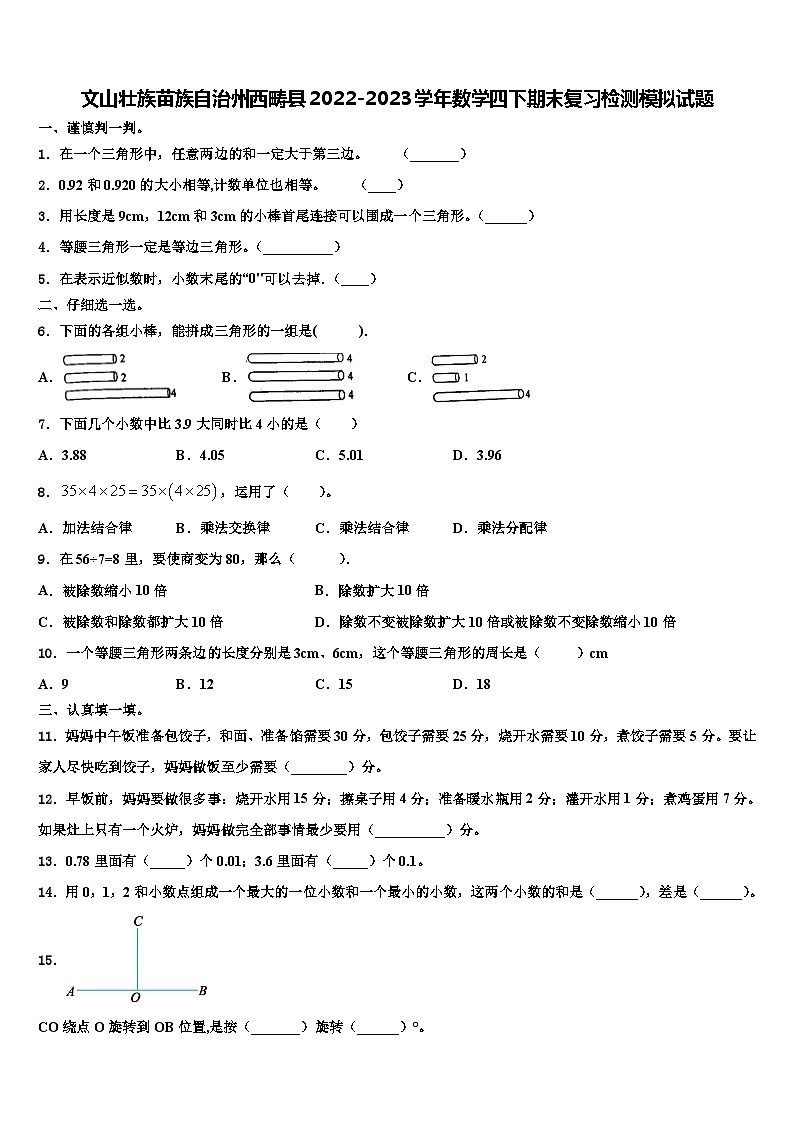 文山壮族苗族自治州西畴县2022-2023学年数学四下期末复习检测模拟试题含解析第1页