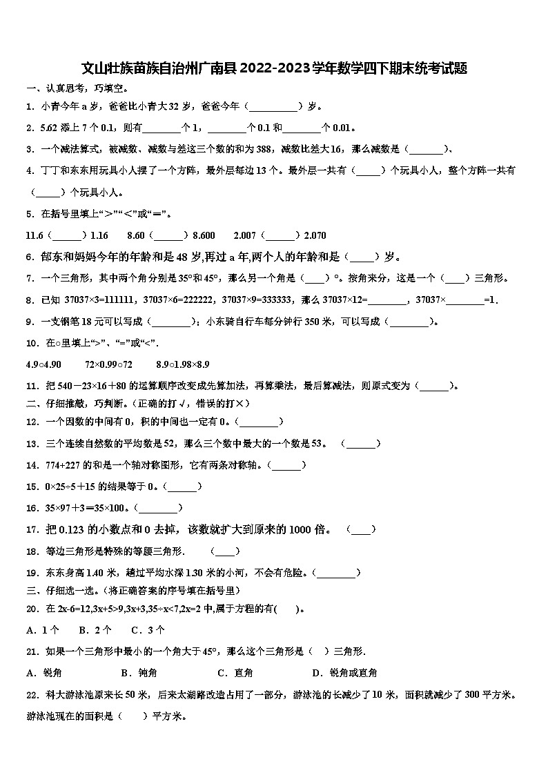 文山壮族苗族自治州广南县2022-2023学年数学四下期末统考试题含解析第1页