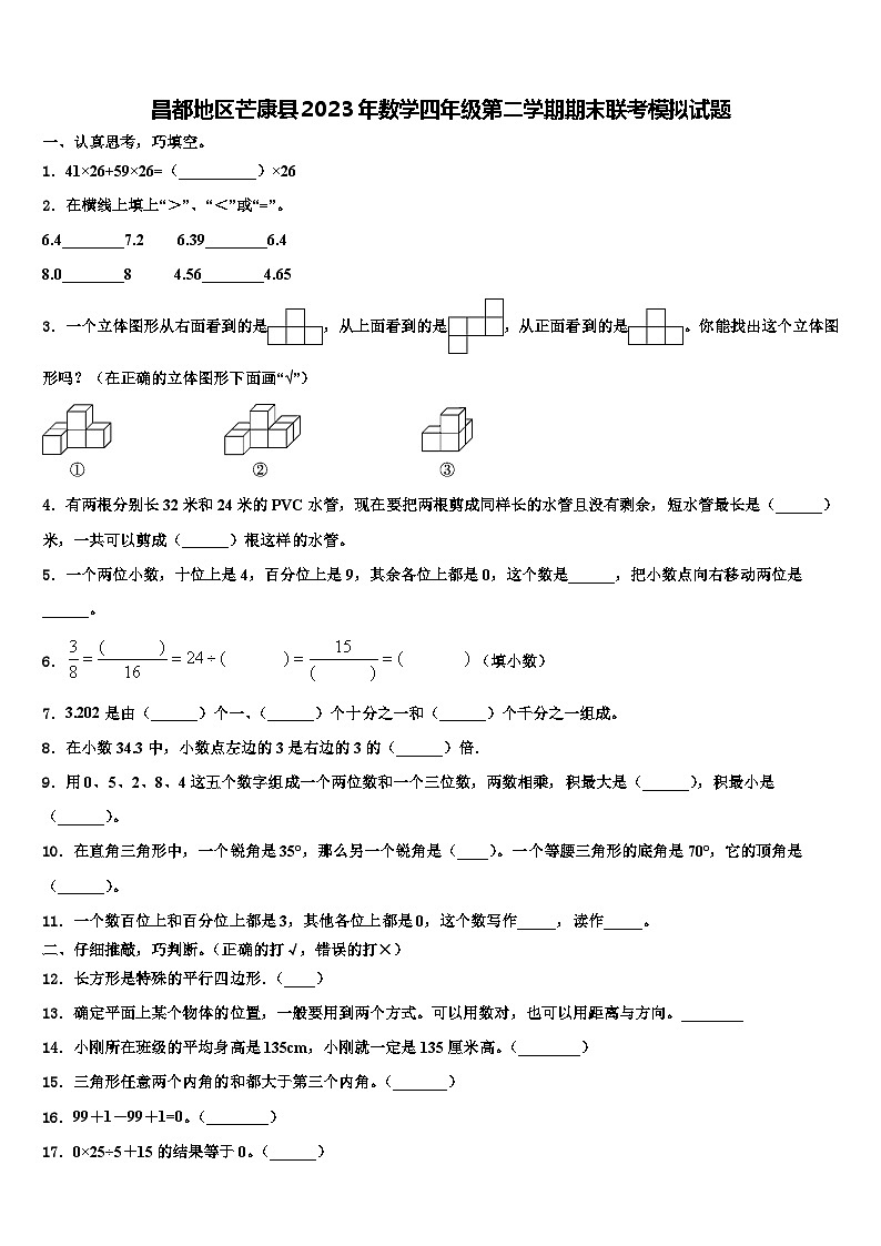 昌都地区芒康县2023年数学四年级第二学期期末联考模拟试题含解析第1页