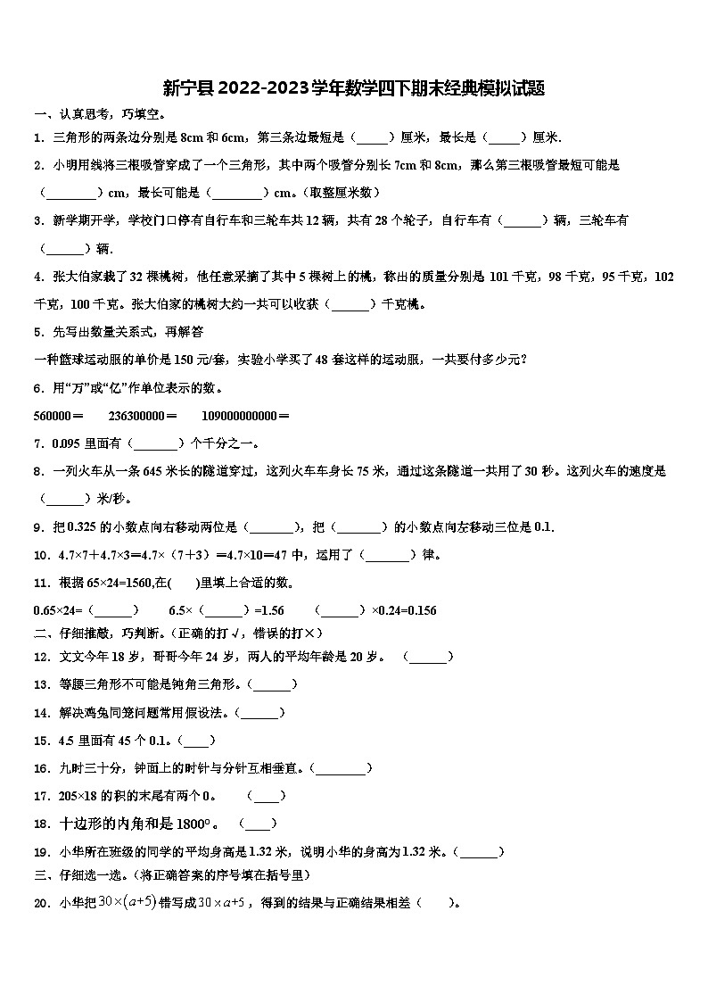新宁县2022-2023学年数学四下期末经典模拟试题含解析第1页