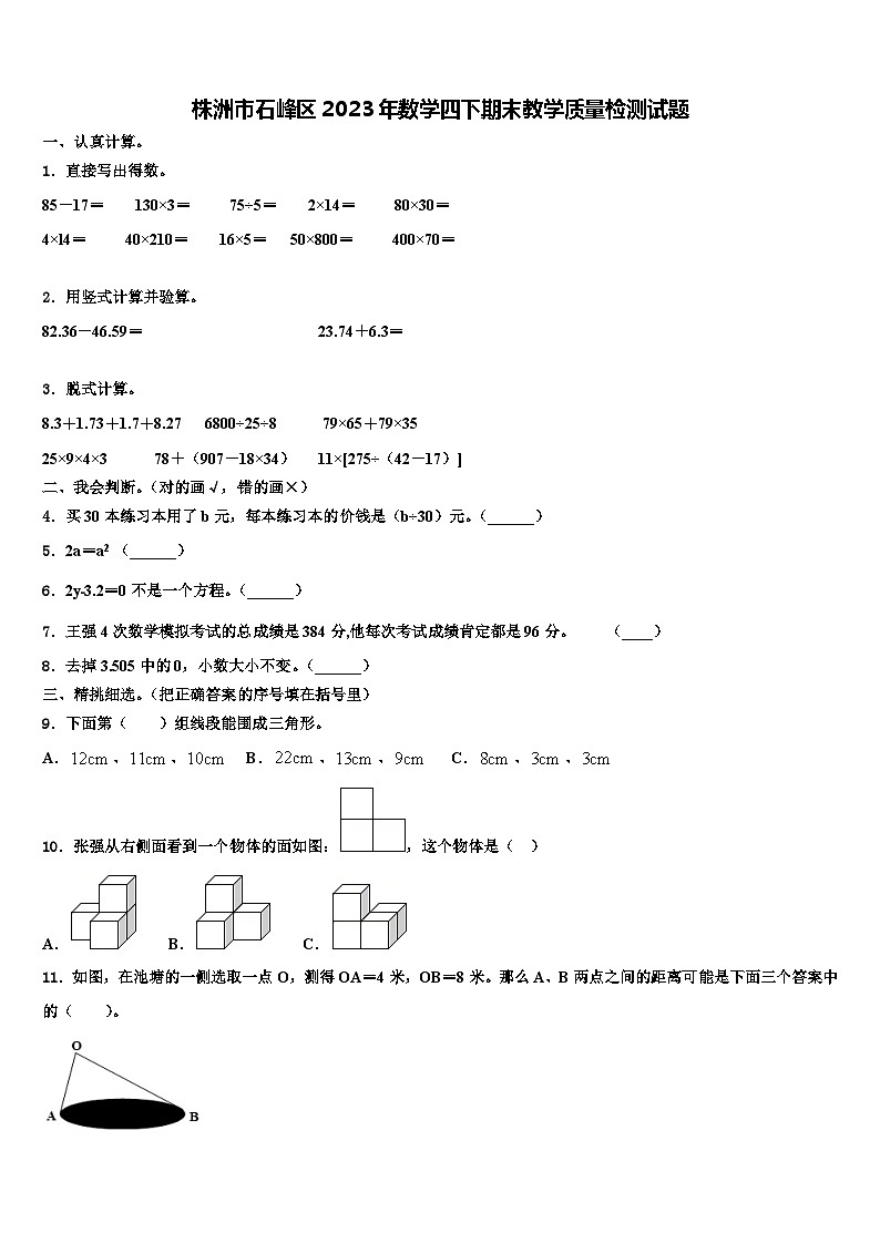株洲市石峰区2023年数学四下期末教学质量检测试题含解析01