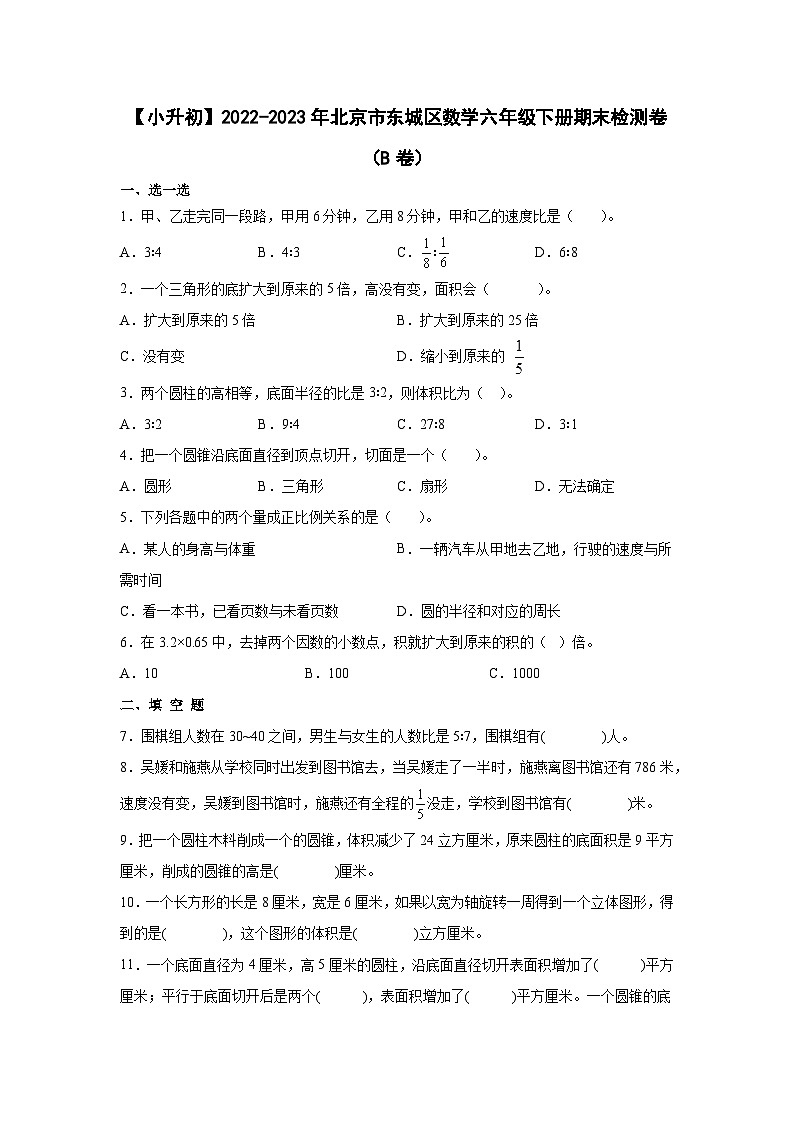 【小升初】2022-2023学年北京市东城区数学六年级下册期末检测卷（B卷）含解析01
