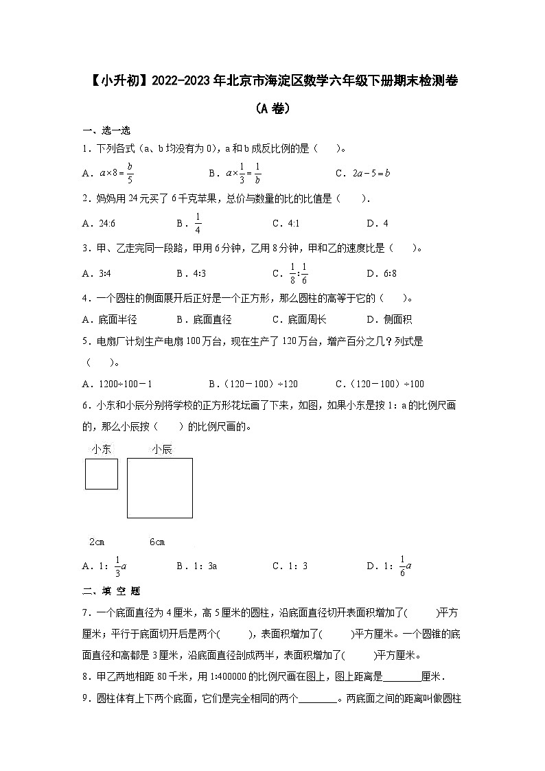 【小升初】2022-2023学年北京市海淀区数学六年级下册期末检测卷（A卷）含解析第1页