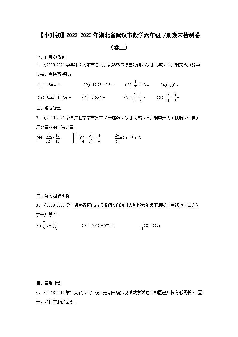 【小升初】2022-2023学年湖北省武汉市数学六年级下册期末检测卷（卷二）含解析01