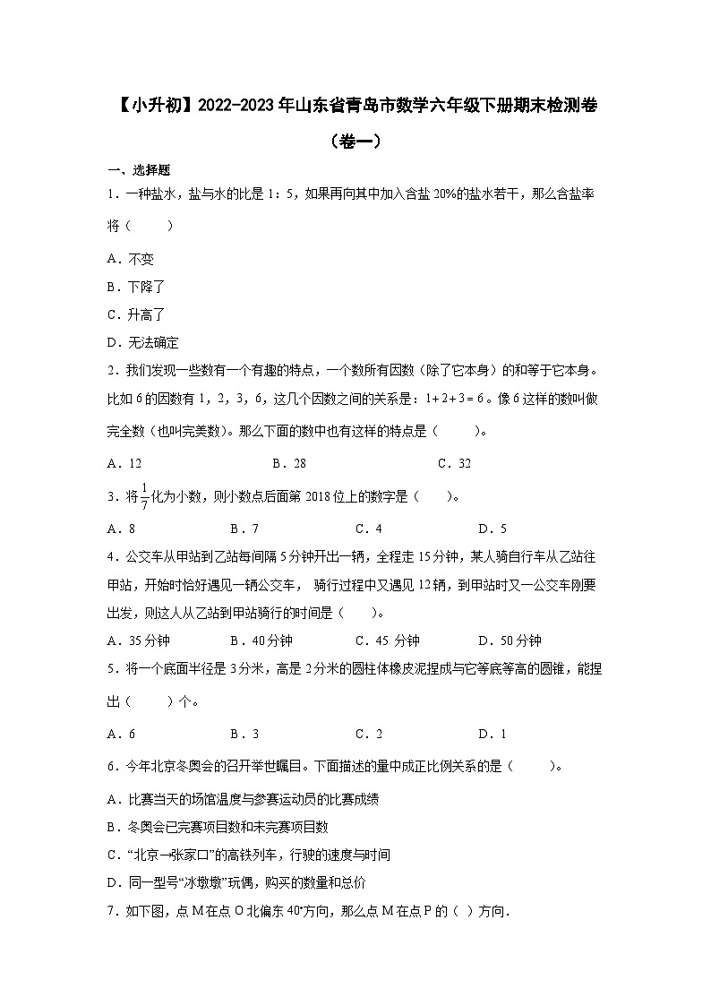 【小升初】2022-2023学年山东省青岛市数学六年级下册期末检测卷（卷一）含解析第1页
