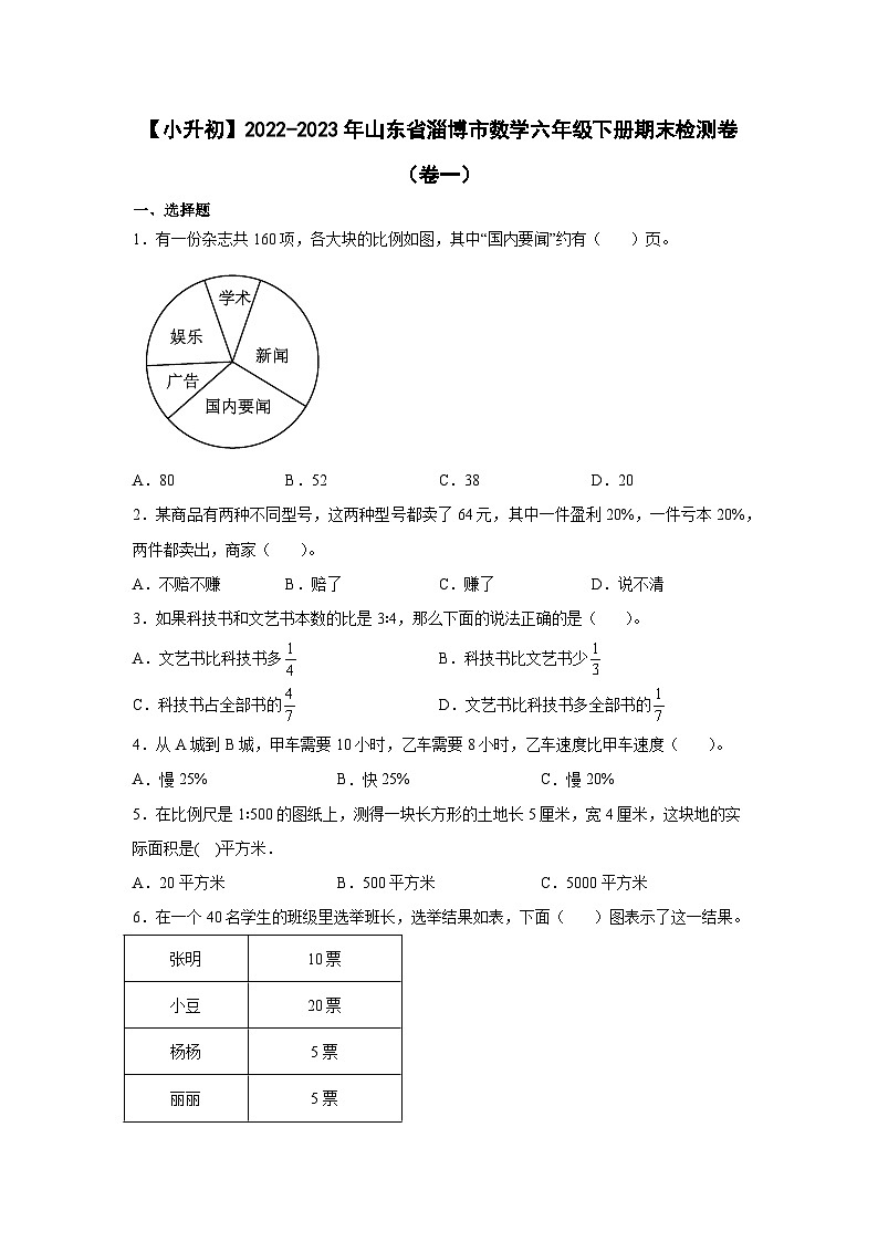 【小升初】2022-2023学年山东省淄博市数学六年级下册期末检测卷（卷一）含解析01