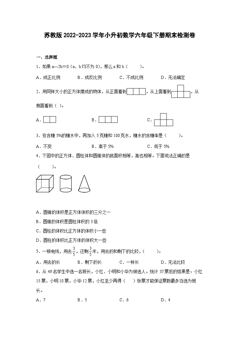 苏教版2022-2023学年小升初数学六年级下册期末检测卷（含解析）01
